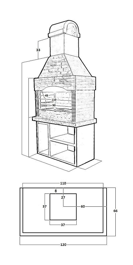 Печь № 12 — Печь барбекю с широкой топкой и полками в дровнице (фактура под кирпич)